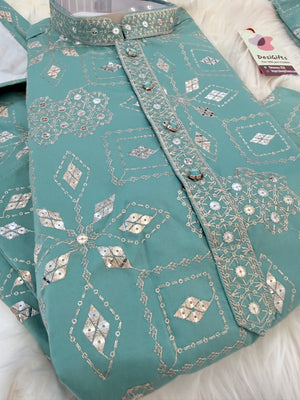 Father & Son Matching Turquoise Blue Kurta Pajama Set | Silver Zari-Style Embroidery, Sequin Work | Festive Wear, DM -4025