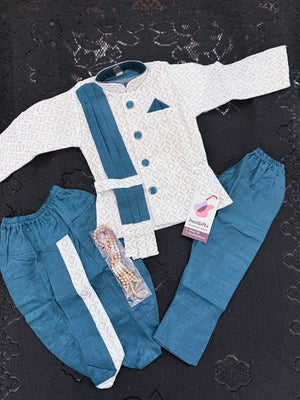 Boys 3 Piece Peacock Green Silk Blend Indian Dress Set with Sparkly Jacket, Dhoti & Pajama – Ethnic Wedding and Festive Outfit B-2022