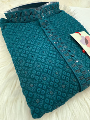 Pre-Teen and Teen Boy's Chikankari Embroidered Rayon Kurta Pajama with Sequins , Teal Blue Shade, - BOY-1913