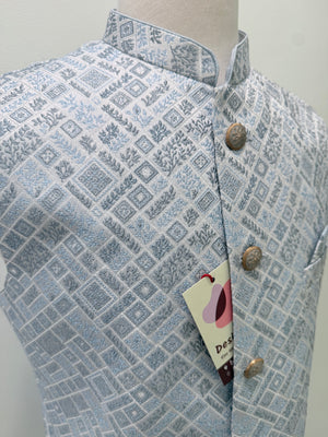 Men’s Pastel/Ice BluePink Nehru Jacket – Self Woven Silk Indian Sadri, Festive Wedding Waistcoat, Ethnic Modi Jacket for Men, J-3089