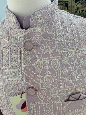 Men’s Pastel Purple 3-Piece Kurta Pajama with Heavy Embroidered Jacket, Wedding & Festive Ethnic Wear, KPJ-3079