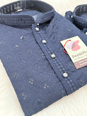 Men & Boys Navy Rayon Chikankari with Sequins Kurta Pajama Set | Matching Father Son Festive Outfit with Sequin Work, DM -2077