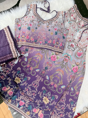 Women’s Purple to Cream Ombré Lehenga Choli Set – Digital Floral Print, Mirror-Style Sequin Work, Faux Georgette Dupatta, Indian Wedding Festive Wear, LHG - 4005