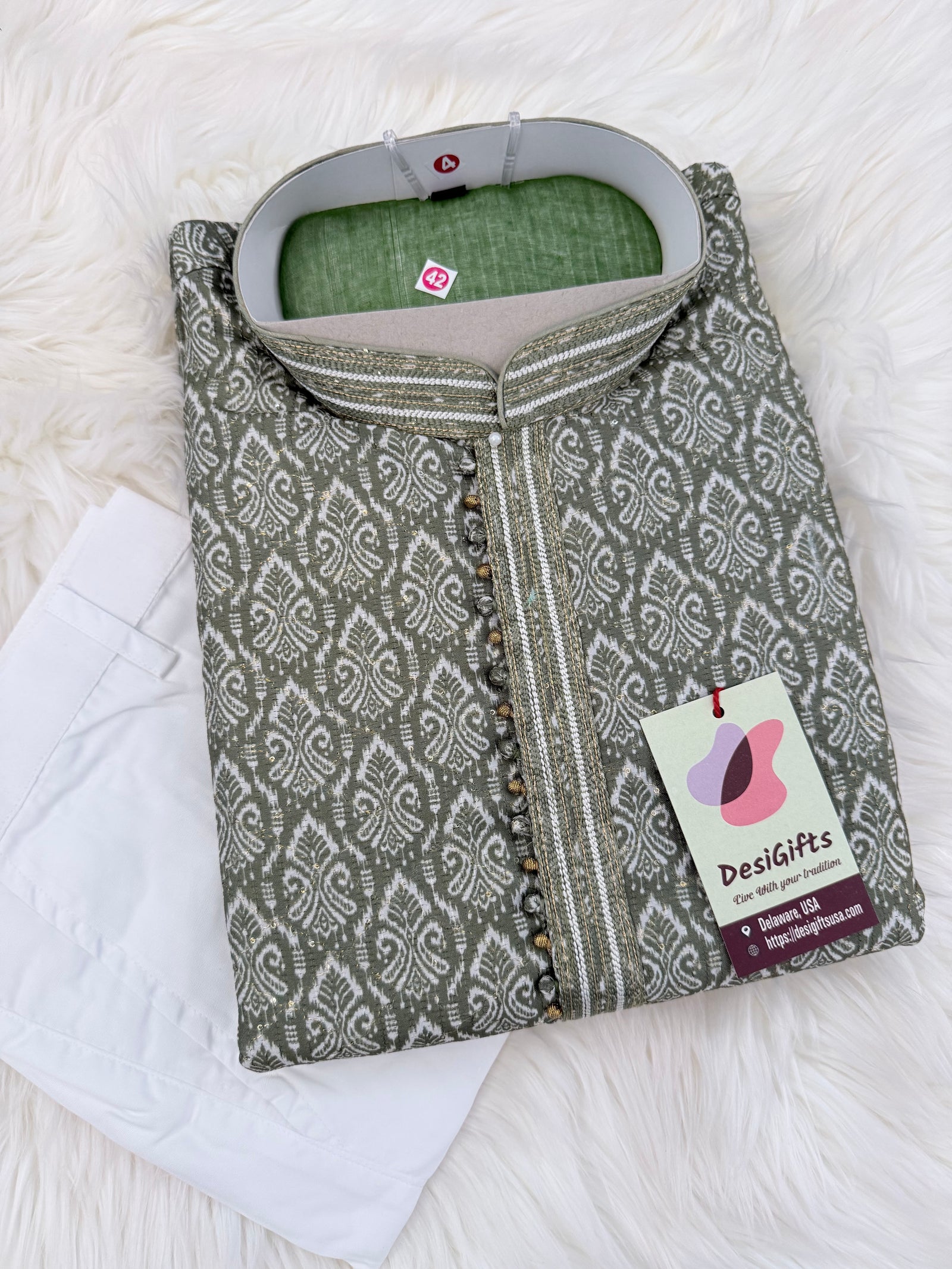 Men's Sage Green Printed Kurta Pajama Set | Designer Indian Ethnic Wear with Mandarin Collar | Wedding, Diwali & Festive Outfit, KP-4090