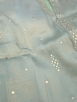 Men’s Mint Green Shorter Kurta with Parallel Pants | Gold Embellished Jacquard Kurta Pajama Set | Indo-Western Wedding & Festive Kurta Set, KP - 4043