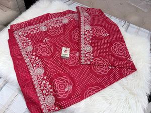 Women’s Deep Rani Pink Bandhani Style Saree with Silver Embroidery & Stitched Blouse, Festive Wedding Indian Saree, S- 3096