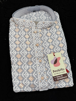 Gray Shade Men's Kurta Pajama set with Embroidery and Sequins. Two-piece Indian traditional outfit., KP - 2026