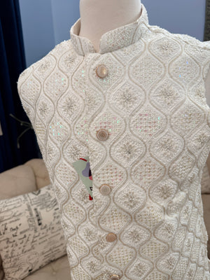 Luxury Cream Bead & Sequin Embroidered Nehru Jacket for Men – Heavy Thread Work Wedding Waistcoat | J-3034