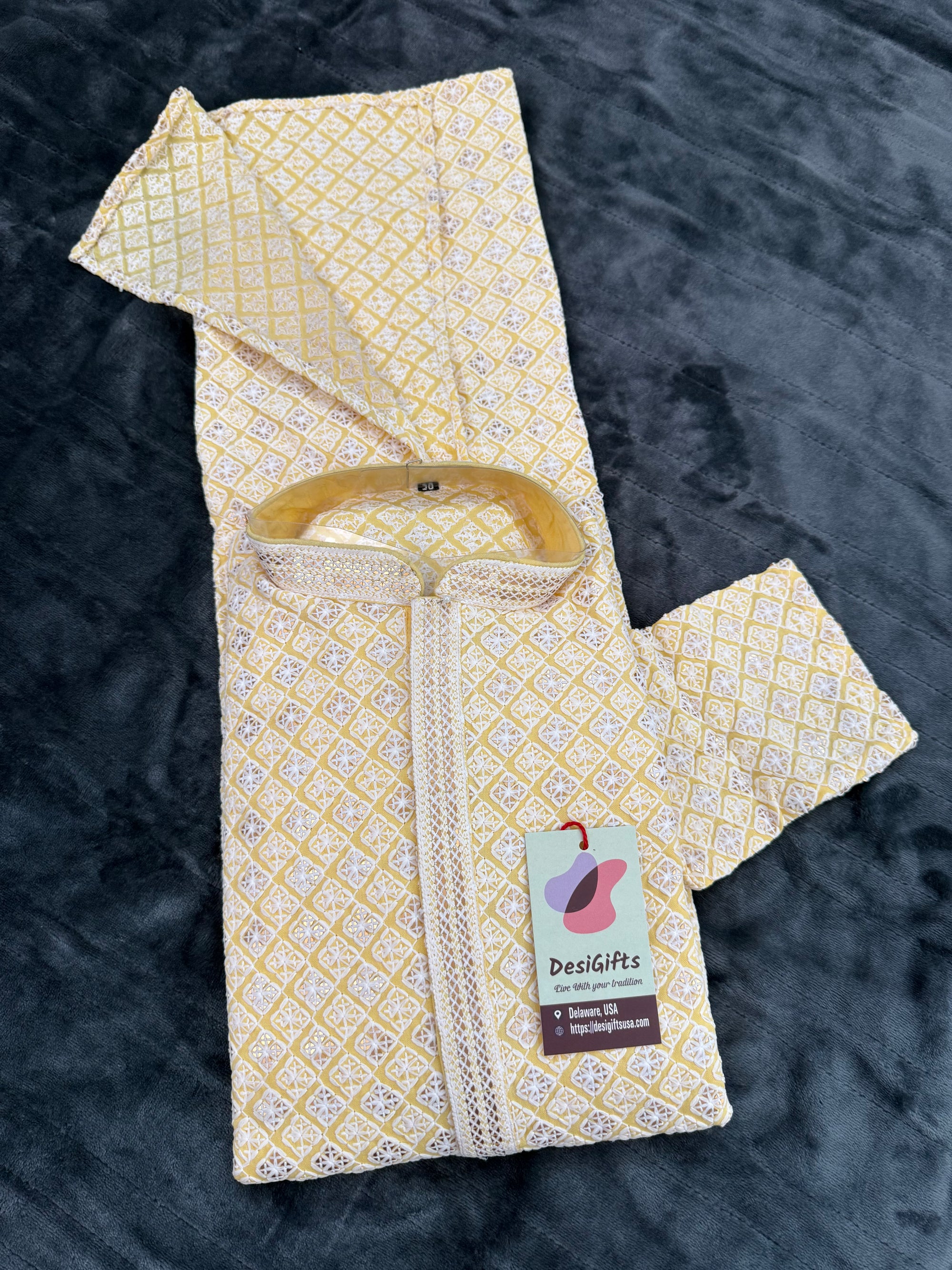 Pastel Yellow Men's kurta pajama set with embroidery and sequins. Two-piece Indian traditional outfit for special occasions., KP - 1938