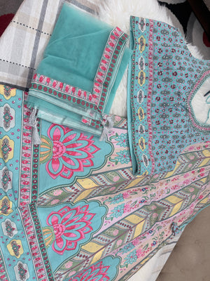Aqua Blue & Pink Lehenga Choli Set with Dupatta – Digital Floral Print, Mirror-Style Sequin Work, Indian Wedding Festive Wear, LHG - 4010
