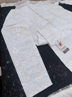 Men’s White Embroidered Kurta Pajama Set with Sequin Accents | Chikankari-Style Wedding & Festive Indian Outfit, KP- 3058