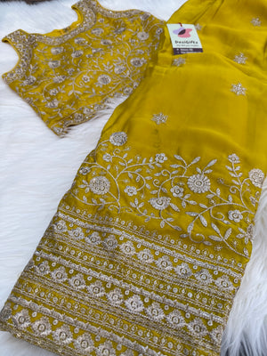 Lemon Yellow Shade Lehnga Choli in Sari Style, Half Sari, , Indian traditional festive outfit for Princess, Girl Design GRL - 1956