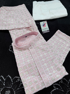 Men's Kurta Pajama set with Embroidery and Sequins in Soft Pink Shade. Two-piece Indian traditional outfit., KP - 1420-1421