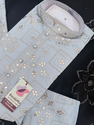 Men’s Ice Blue Embroidered Kurta Pajama Set | Silver Zari-Style, Sequin Work | Indian Wedding Wear, KP-4026