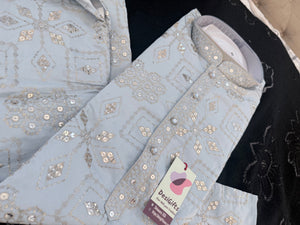 Men’s Ice Blue Embroidered Kurta Pajama Set | Silver Zari-Style, Sequin Work | Indian Wedding Wear, KP-4026