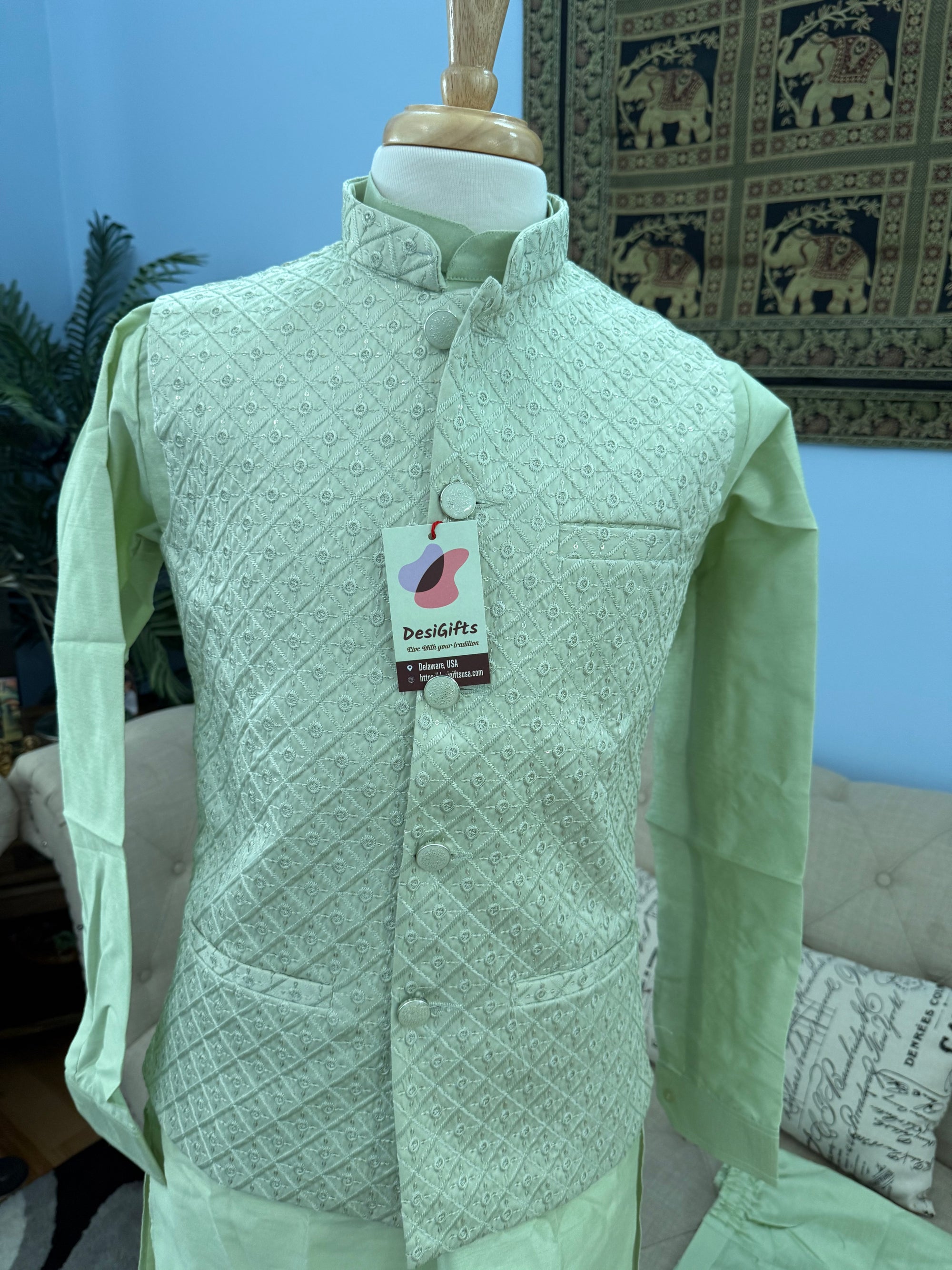 Pastel Green Shade 3 Piece Kurta Pajama, Pant Style, with Embroidered Sequins Jacket Set-Silk Fabric, JKP- 1924