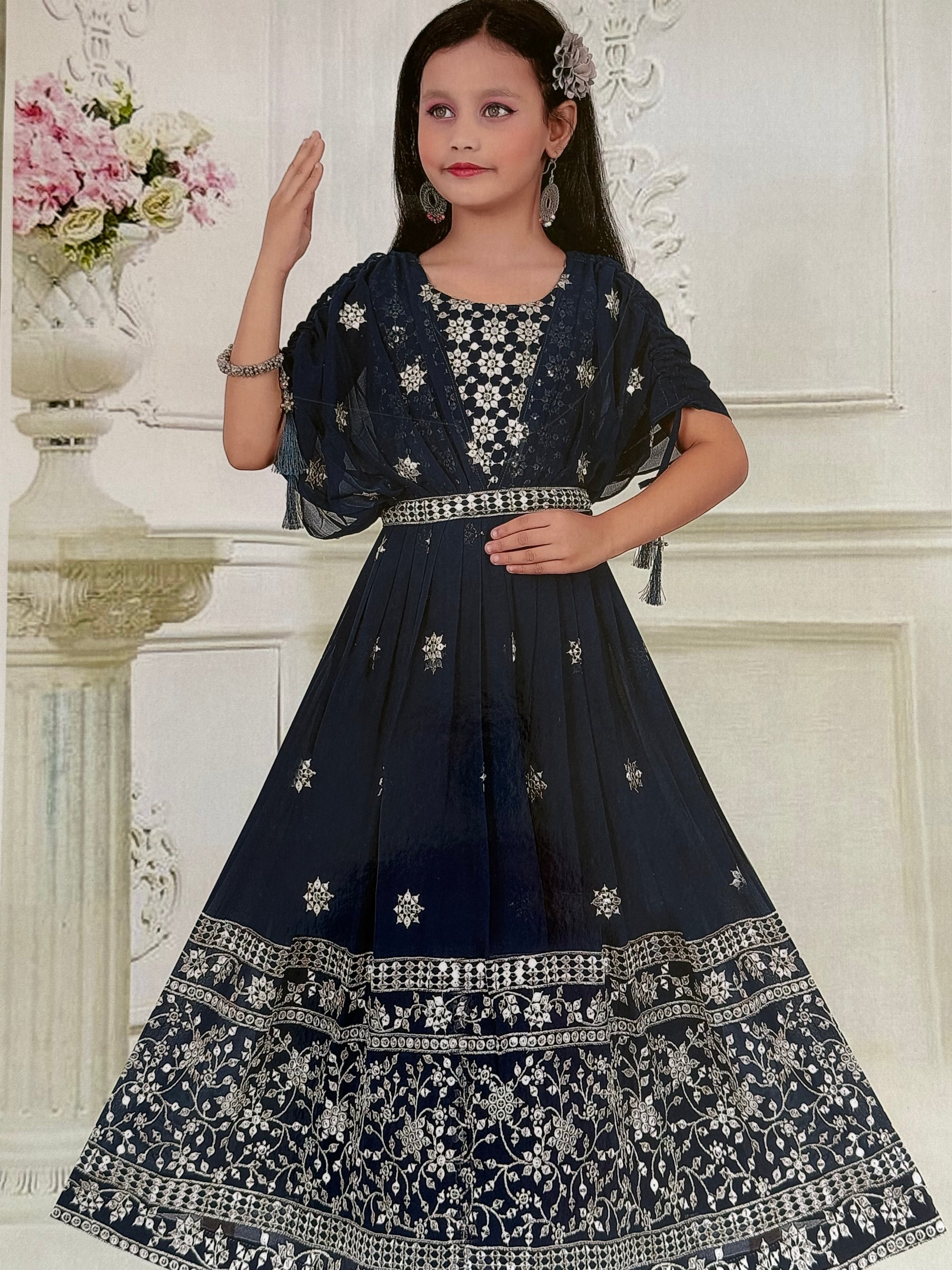 Denim Blue Shade Dress with Intricate Embroidery and Gota Work, Design GRL - 1575