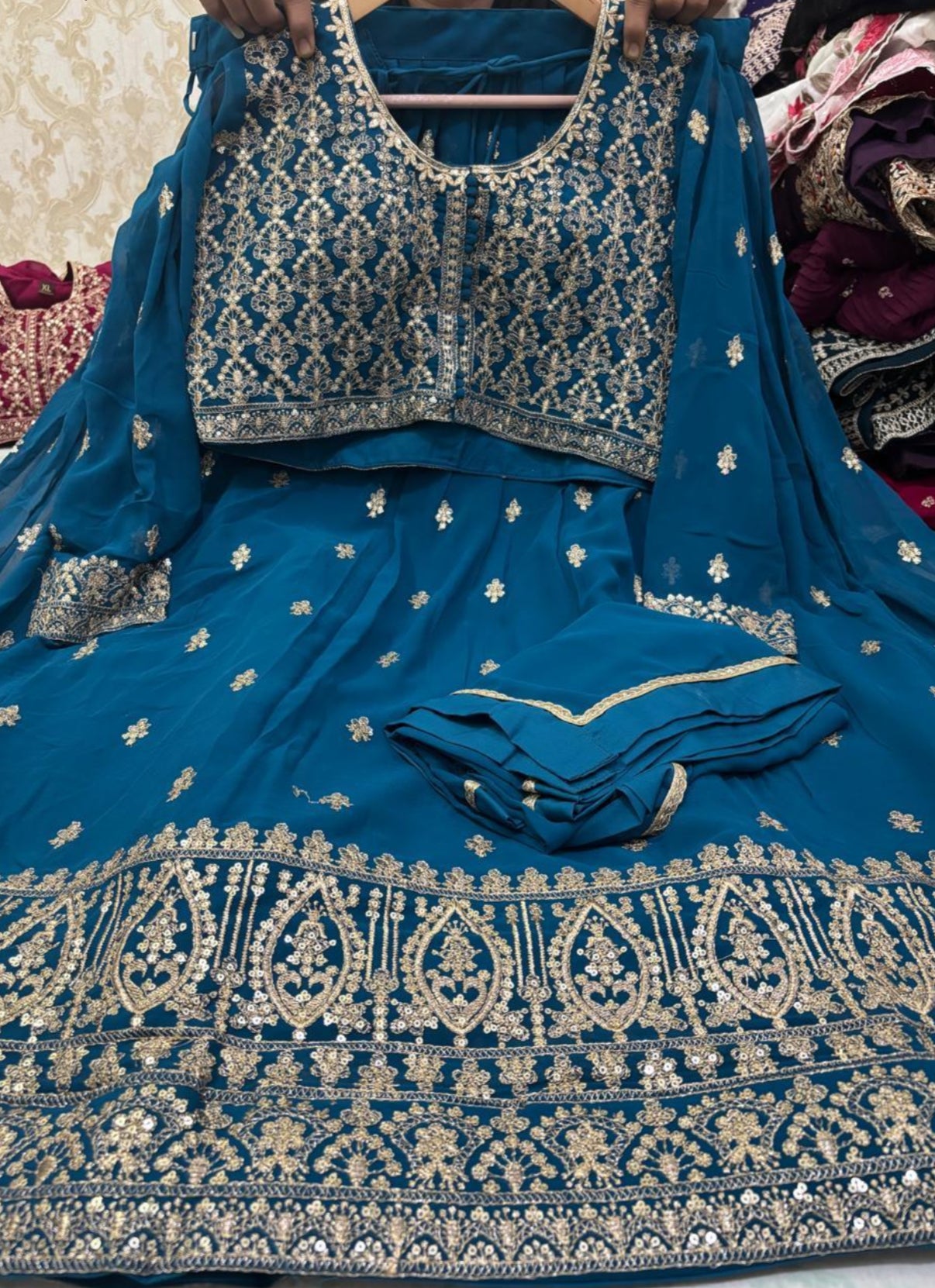 Size XL, Colorful Blue Heavy Embroidery Georgette  Lehenga Choli 3 Pieces Ethnic Wear for Girls, Design LHG - 1971