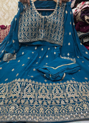 Size XL, Colorful Blue Heavy Embroidery Georgette  Lehenga Choli 3 Pieces Ethnic Wear for Girls, Design LHG - 1971