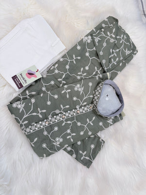 Boys & Men Matching Sage Green Kurta Pajama Set with White Floral Embroidery, Father Son Indian Ethnic Wear, DM- 3011