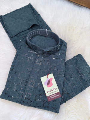 Blue Gray Shade Sequins Work Chikankari Viscose 2 Piece Kurta Pajama Set for Man, KP - 1687