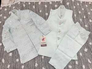 Boy's GreenSky blue Shade Cotton Silk 3 Piece Indo Western Outfit,  Embroidered  Sequins Long Jacket with Pant , Boy's Sherwani Dress - B-3052
