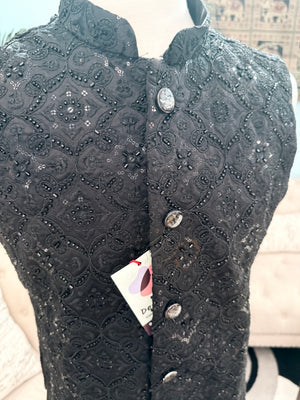 Premium Black Heavy Embroidered Jacket for Men – Sequin & Thread Work Wedding Waistcoat J - 3035