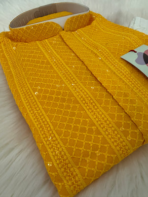 Exquisite Chikankari Sequins 2 Piece Kurta Pajama Set for Man, Yellow Shade, Embroidered Party Man's Wear, KP - 2045