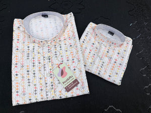 Ivory Cream 2-Piece Kurta Pajama Set – Father & Son Outfit | Premium Cotton Jacquard with Zari & Sequin Detailing, DM-2043