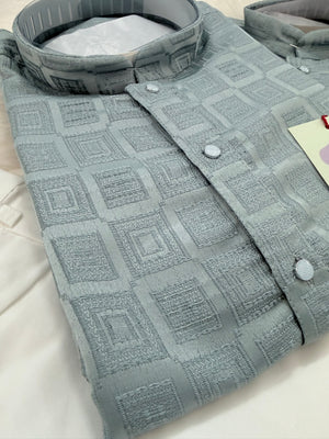 Father & Son Matching option in Dusty Ice Blue Kurta Pajama Set | Geometric Jacquard Kurta with Pants | Indian Wedding & Festive Wear, DM-4029