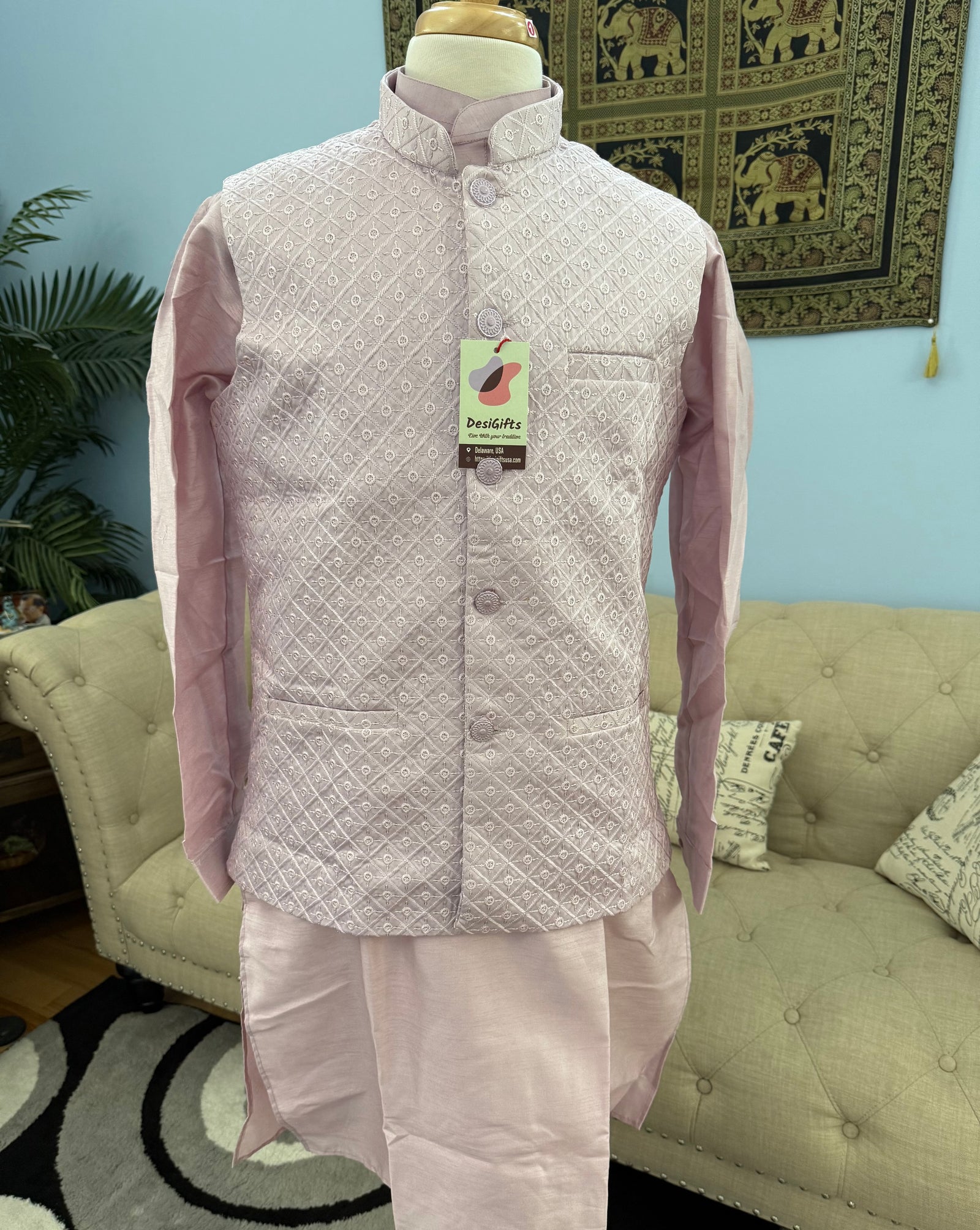 Light Purple Shade 3 Piece Kurta Pajama, Pant Style, with Embroidered Sequins Jacket Set-Silk Fabric, JKP- 1922