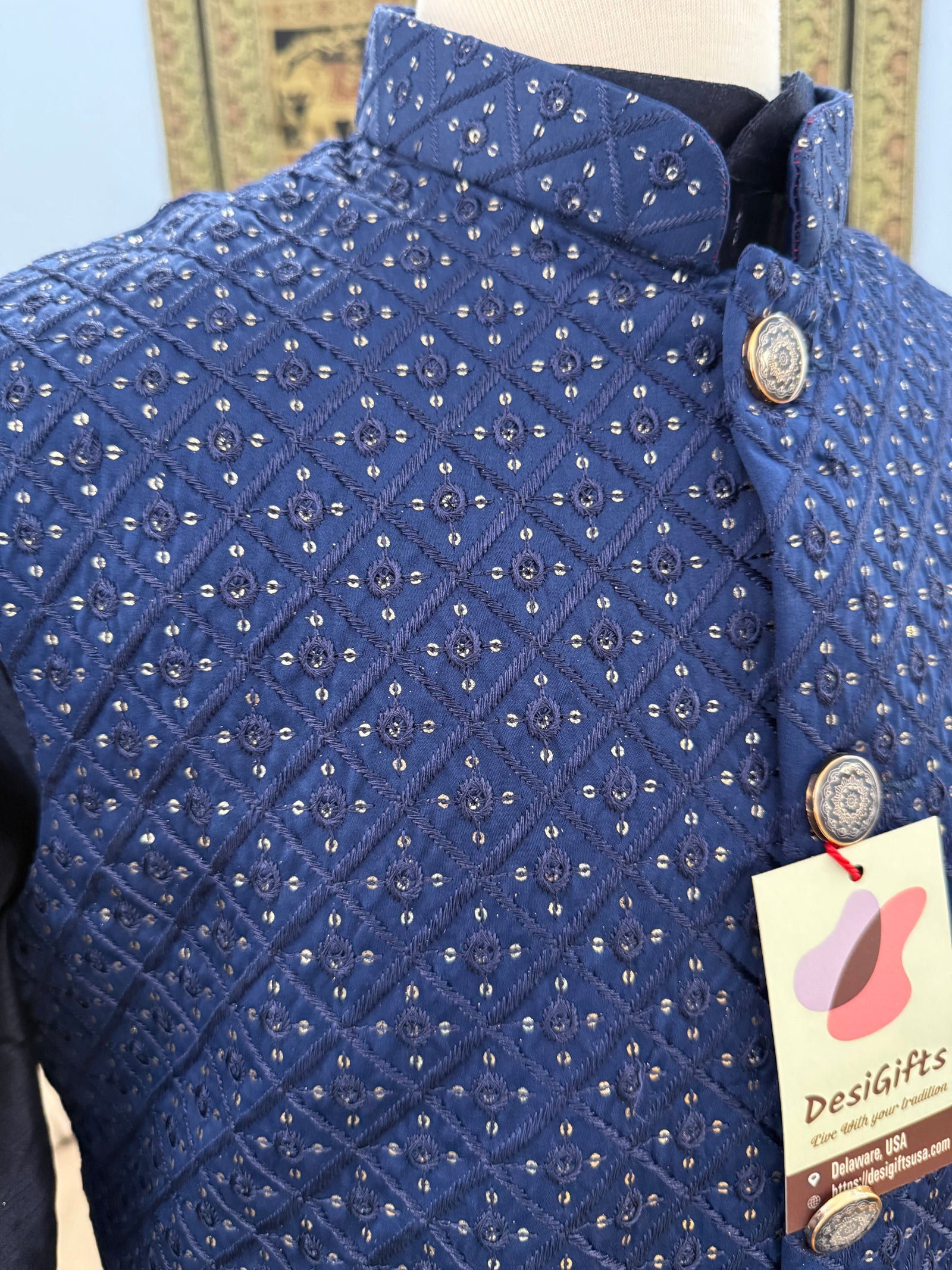 Admiral Blue Shade 3 Piece Kurta Pajama, Pant Style, with Embroidered Sequins Jacket Set-Silk Fabric, JKP- 1923