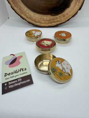 Brass Dibbi Box with Decorative Cow Artwork, 1" x 1.8" Size | Traditional Pooja Kumkum, Haldi & Sindoor Container, BB- 3048