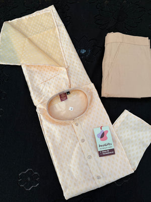 Soft Cream with Subtle Gold Motifs Kurta with Beige Trouser, 2 Piece Jacquard Silk Kurta Pajama Set, Man -2046