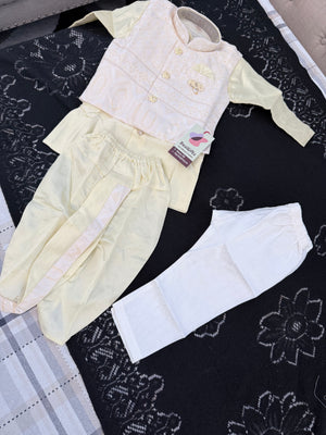 Boys Light Lemon Yellow Kurta Pajama Set with Geometric Self Design Jacket | Dhoti and Pajama | Indian Wedding Festive Ethnic Wear for Kids, B-4056