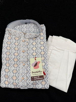 Gray Shade Men's Kurta Pajama set with Embroidery and Sequins. Two-piece Indian traditional outfit., KP - 2026