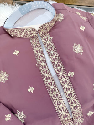 Men’s Onion Shade Embroidered Kurta Pajama Set | Open Neck Kurta with Ivory Trouser Pants | Indian Wedding & Festive Wear, KP-4068