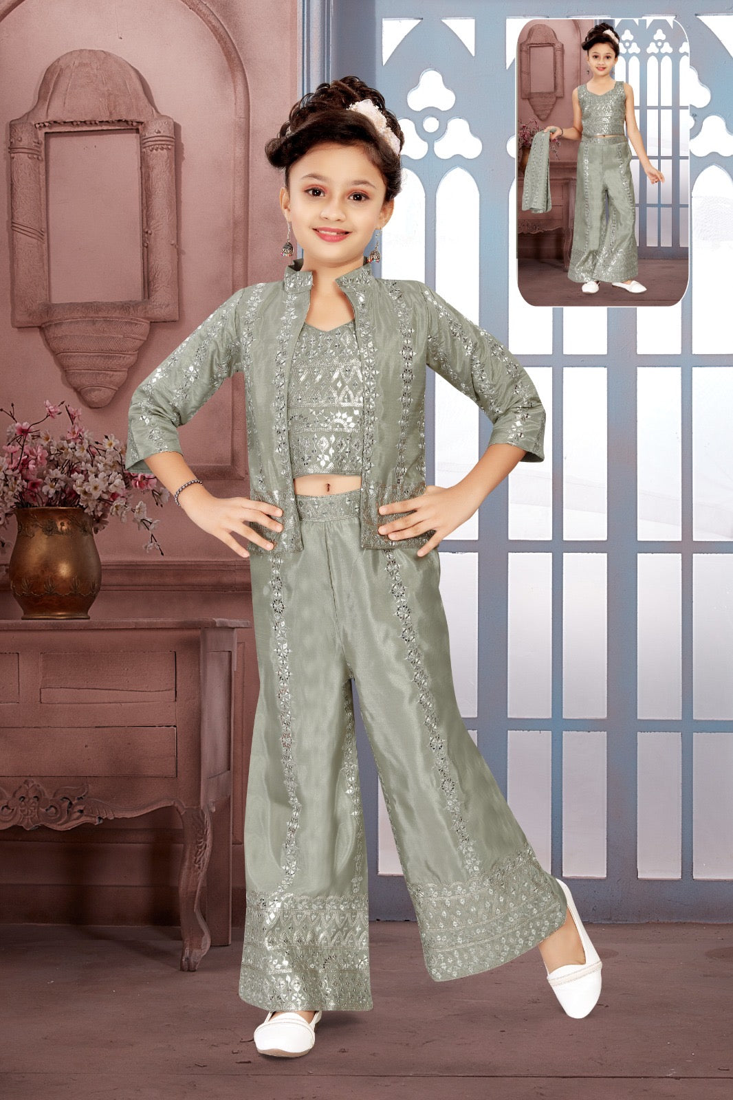 Classy Sequins Work Top with Jacket, Pant Style Set for Girl in Pista Green Shade, Indian traditional Girl Dress, GRL - 1894