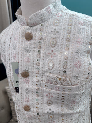 Festive White Ethnic Jacket for Men – Pastel Thread Embroidery with Sequins – Heavy Thread Work Wedding Waistcoat | J-3032