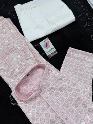 Men's Kurta Pajama set with Embroidery and Sequins in Soft Pink Shade. Two-piece Indian traditional outfit., KP - 1420-1421