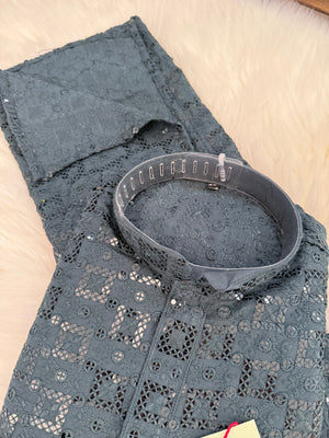 Blue Gray Shade Sequins Work Chikankari Viscose 2 Piece Kurta Pajama Set for Man, KP - 1687