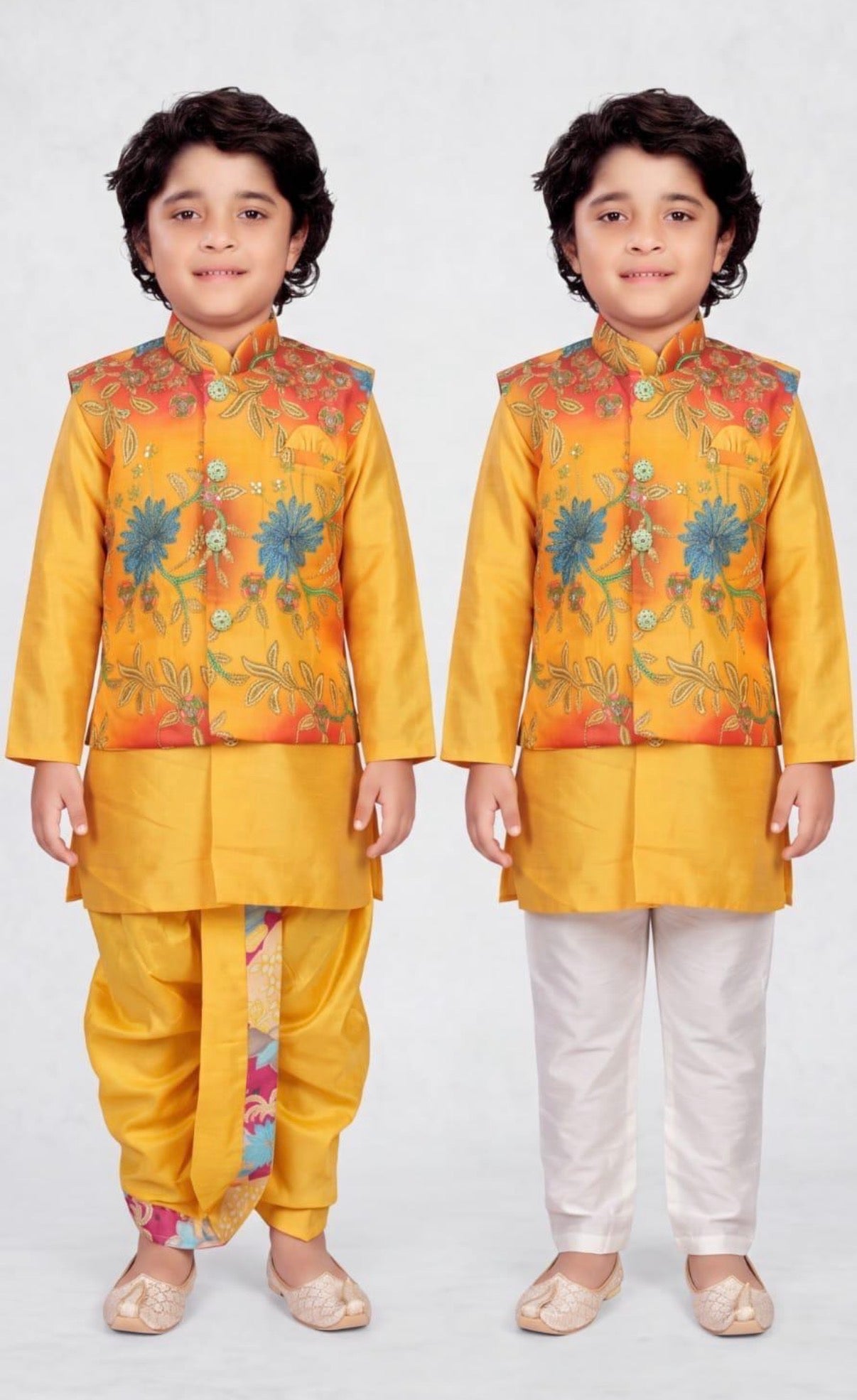 Boys Yellow Kurta Pajama Set with Floral Jacket | Dhoti and Trouser Pant Option | Indian Wedding Festive Ethnic Wear for Kids, B-4049