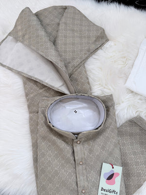 Champagne Beige Shade Jacquard Silk Kurta Pajama Set for Men – Self Design Ethnic Party Wear, Wedding & Festive Traditional Outfit, KPS-3029