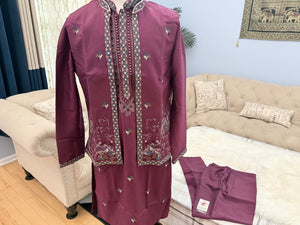 Men’s Wine Embroidered Kurta Pajama Set with Jacket, 3-Piece Indian Ethnic Outfit, Festive Wedding Wear, KPS - 3007