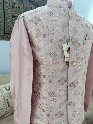 Men’s Dusty Rose Pink Shade 3-Piece Kurta Pajama with Heavy Embroidered Jacket, Wedding & Festive Ethnic Wear, KPJ-3077
