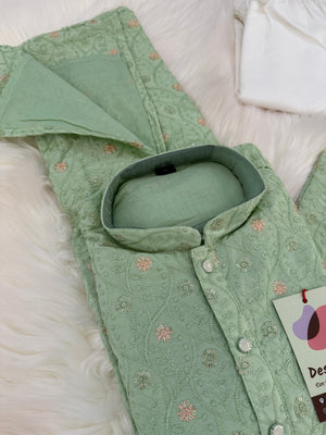 Pre-Teen and Teen Boy's Chikankari Embroidered Rayon Kurta Pajama with Sequins , Green Shade, - BOY-2001