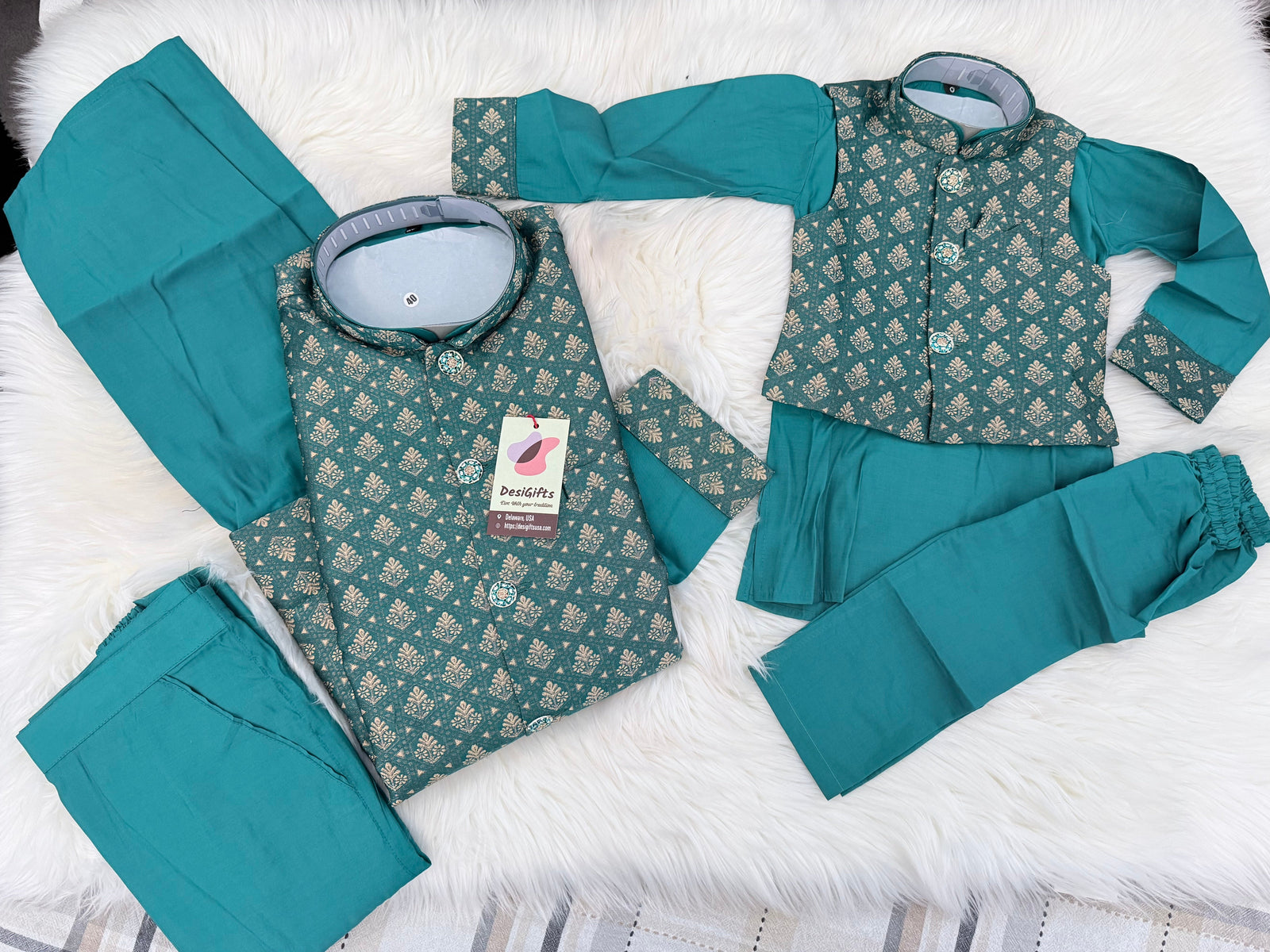 3 Piece Teal Blue Kurta Pajama Set with Jacquard Silk Jacket Set, Silk Blend Fabric with a Slight Sheen, Father & Son's Matching Option, DM - 4082