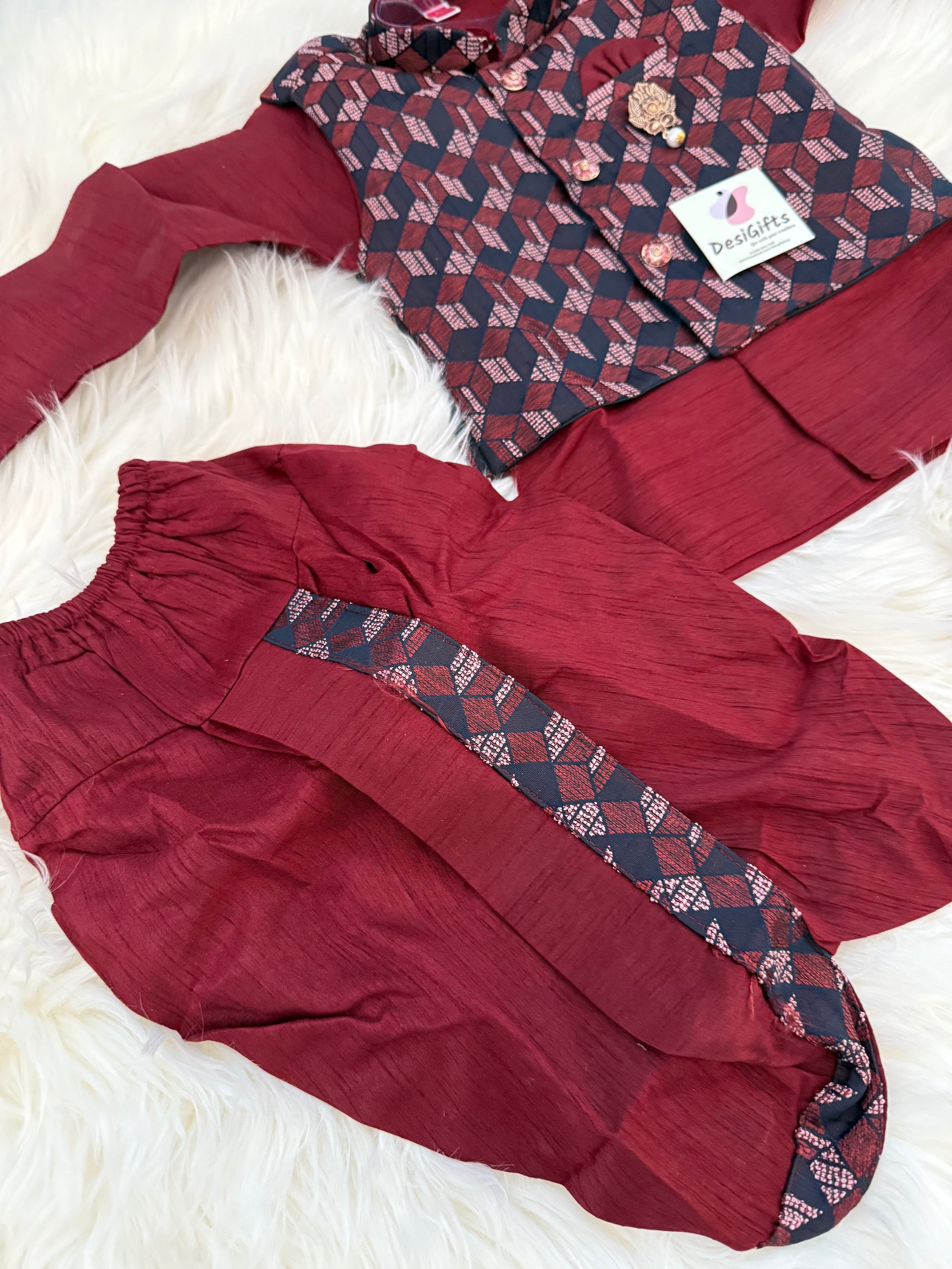 4 Piece Cotton Silk Indian Dress with Dhoti and Pajama with Print Jacket- Design B- 1584