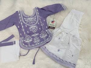 Baby Girls Lavender Embroidered Sharara Suit Set with Dupatta, White Thread Work Ethnic Outfit, GRL-2093