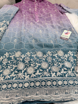 Men’s Purple to Teal Ombre Embroidered Kurta Pajama Set |Wedding & Festive Indian Ethnic Wear, KP - 4041